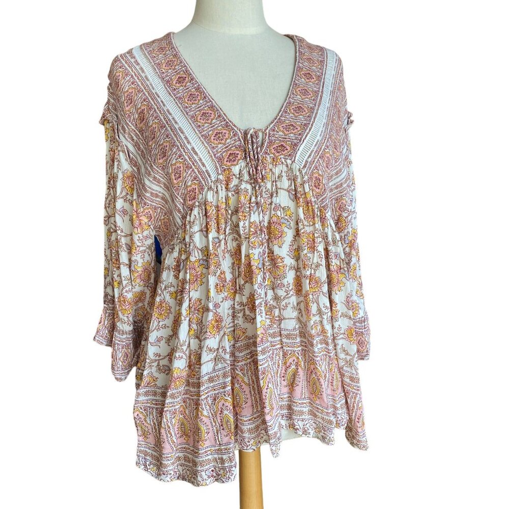 Free People Moonlight Dance Babydoll Tunic Top Boho Floral Bell Sleeve Fairy-S